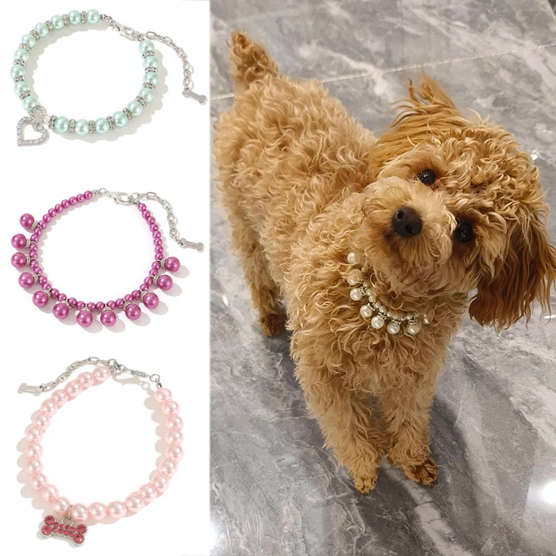 Luksusowy wisiorek z perłą Naszyjnik dla szczeniaka Obroża dla małych psów Koty Chihuahua Pomeranian Teddy Bling Rhinestones Akcesoria dla zwierząt domowych