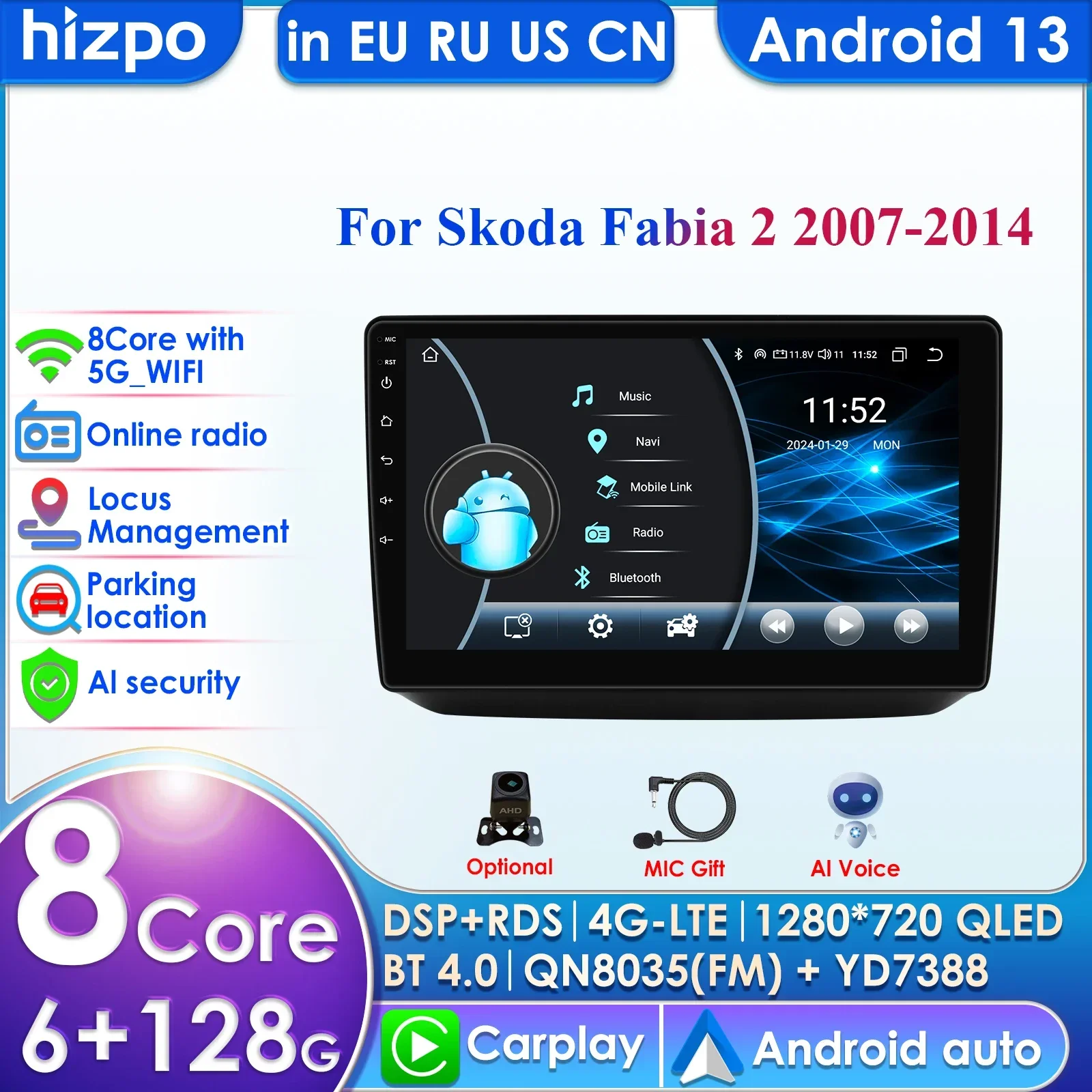 

Hizpo 10,1-дюймовый Carplay 4G 2Din Android 13, автомобильный радиоприемник для Skoda Fabia 2 2007-2014, мультимедийный видеоинтеллектуальный плеер, GPS DSP, WIFI