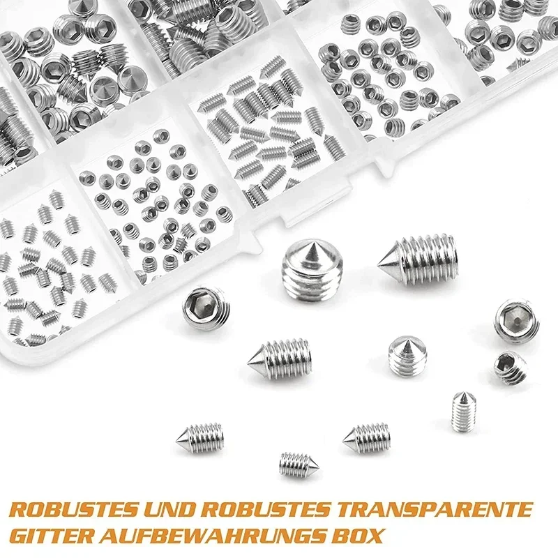240-teiliges Edelstahl-Innensechskantschrauben-Set M3/M4/M5/M6/M8 Gewindestifte mit Kegelspitze & Konischem Ende Langlebige Befestigungselemente – Detail 3
