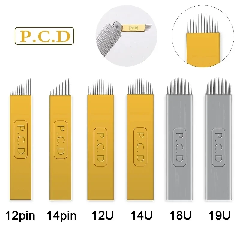 Tebori-agujas de tatuaje permanente PCD, hoja en forma de U, 12/14/19 pines para bolígrafo de tatuaje Manual bordado 3D, 50 piezas