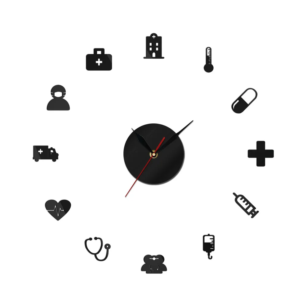 

Hospital Clinic DIY 3D Acrylic Wall Clock Medical Medicine Heath Care Mirror Effect DIY Wall Art Ambulance Big Needles Watch