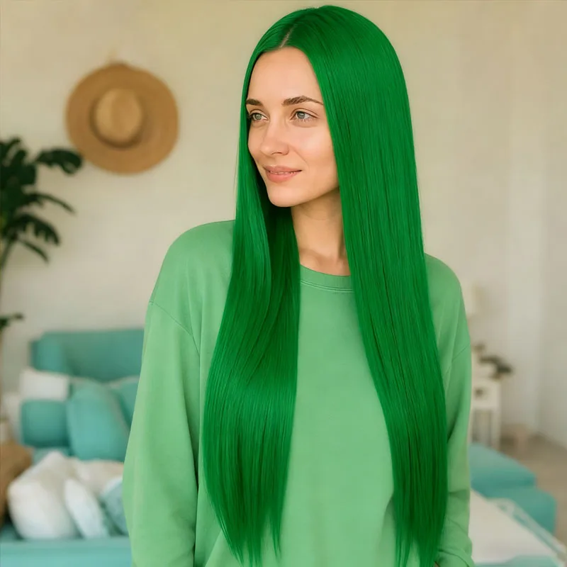 Green 28 inch straight synthetic fiber wig without bangs, elegant style suitable for daily wear at role-playing parties