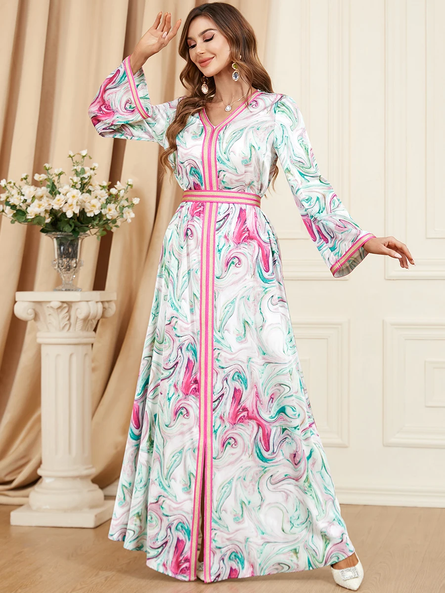 

Eid Dress Muslim Women Abaya Morocco Caftan Party Dress 2023 Woman Long Sleeve Abaya Print Robe Dubai Women's Jalabiya Gown Robe