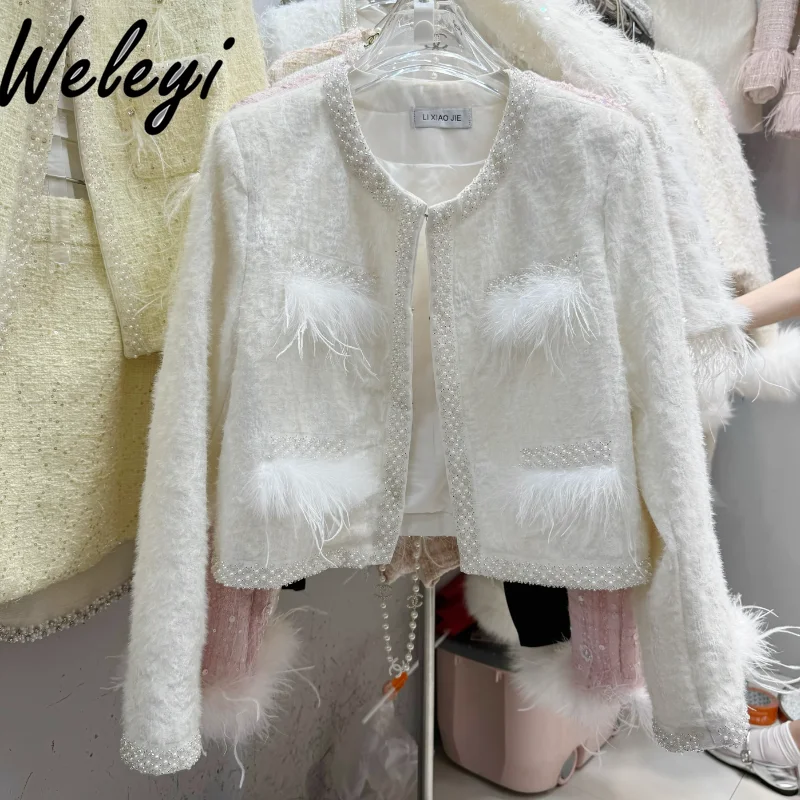 

High-end Heavy Beaded Mink White Short Jacket Ladies 2024 New Elegant French Women's Feather Stitching Sequins Long Sleeve Coat