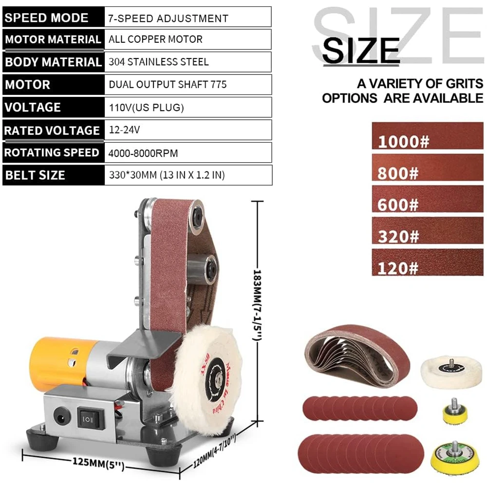 7 Speed mini Electric Belt Sander Polishing Grinding Sharpener Adjustable DIY Power Sanding Machine Mini Bench Grinder