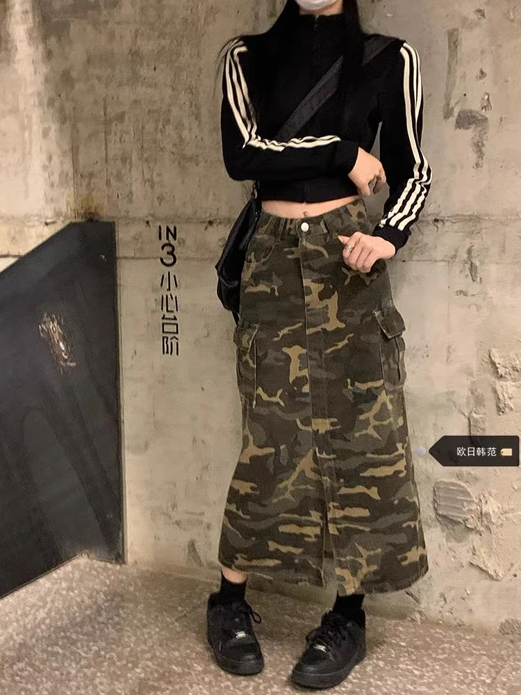 Women Vintage Baggy Camouflage Denim Skirt Grunge High Waist Y2K Street Style Camouflage Basic A-Line Streetwear 2024 Autumn