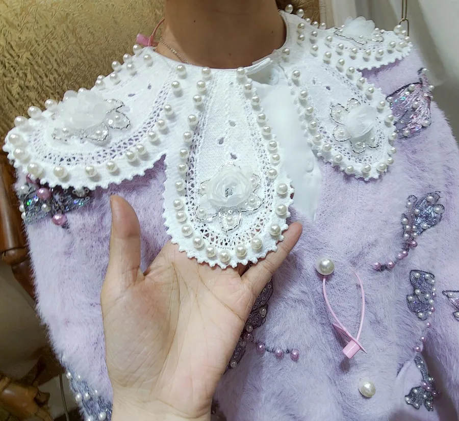 Luxury Edge Petal Collar Pearls Beaded Pearl 3D Flowers Embroidery Shirts Faux Silk Lace Spliced Floral Blouses Cardigan Tops