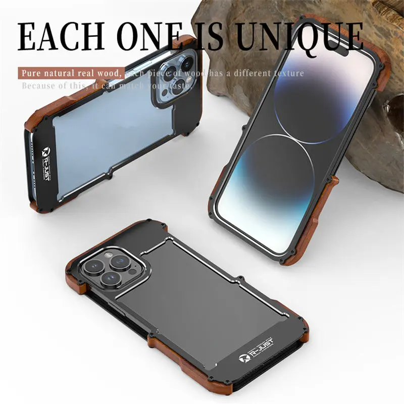 R-JUST Luxury Ironwood 1st Metal Armor Case for iPhone 15 Pro Max XR 11 12 13 Pro 14 Plus Shockproof Contrast Metal & Wood Case