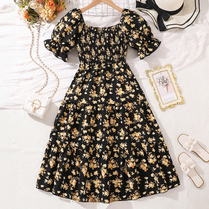 

2025 New Arrival Girls Short Sleeve Ruffles Print Floral Black Roupa Infantil Menina Cute Party Dress Custume 8-12T