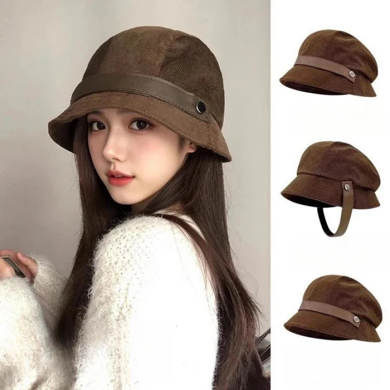 2pcs Convertible Corduroy Jockey Cap for Women - 2-in-1 Korean Japanese Bucket & Beret Hat Face Slimming Vintage Fall Winter Hat