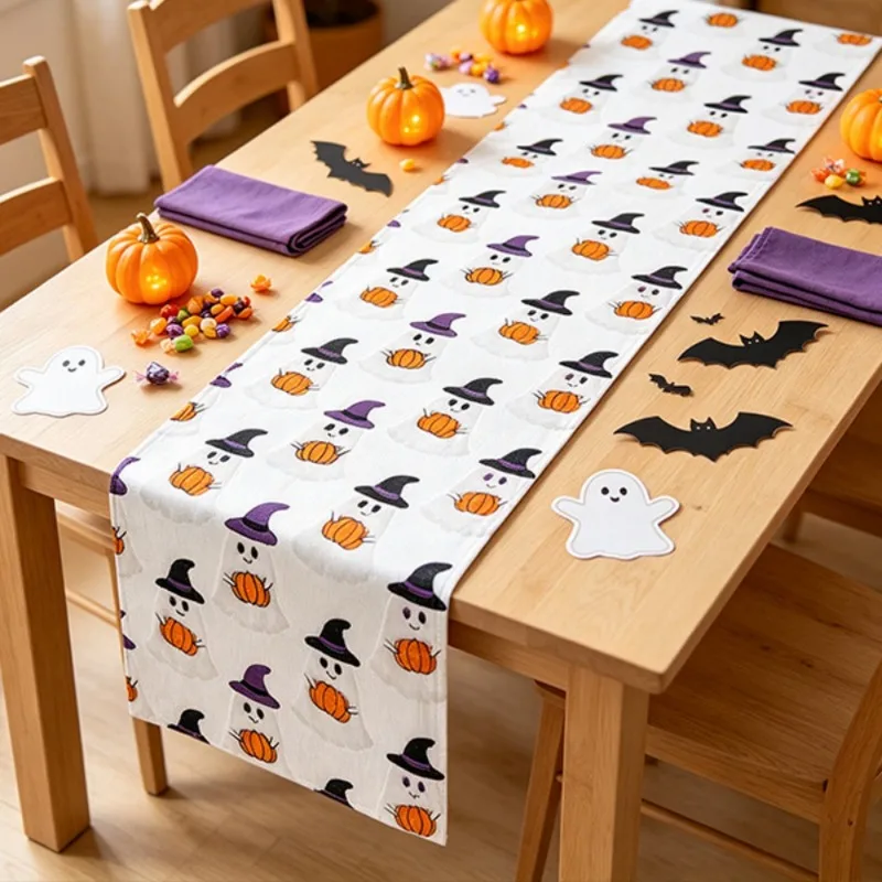 Halloween Table Runner Cute Ghost Witch Hat Pumpkin Embroidery Plush Fabric Table Runner Farmhouse Style Dining Table Decor