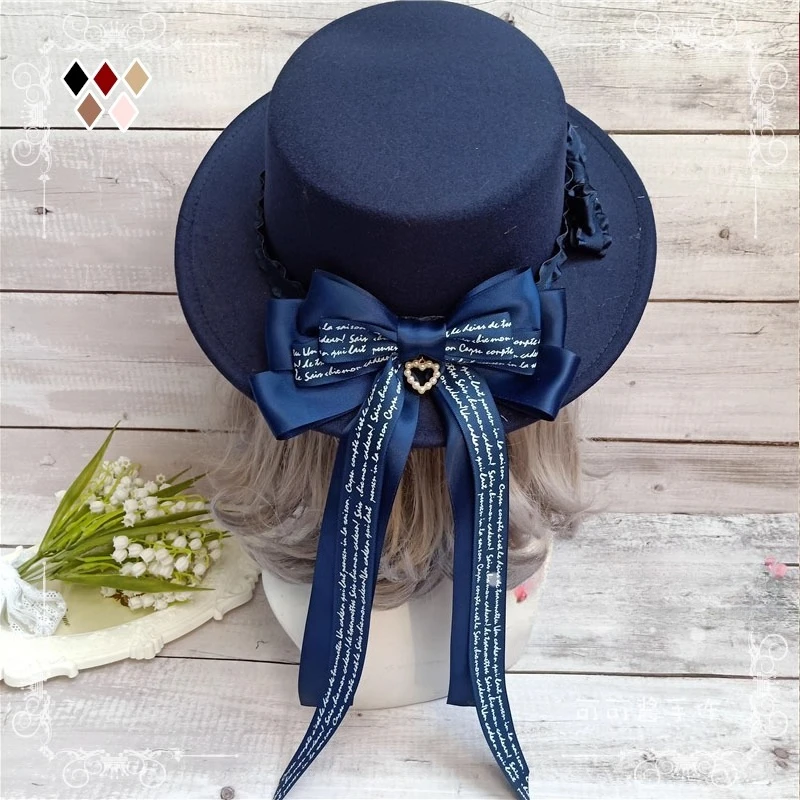 

Lolita Woolen Autumn and Winter Hat for Soft Cute Imitation Wool Fluffy Hat British Flat Top Hat with Flat Edge Bow Decoration