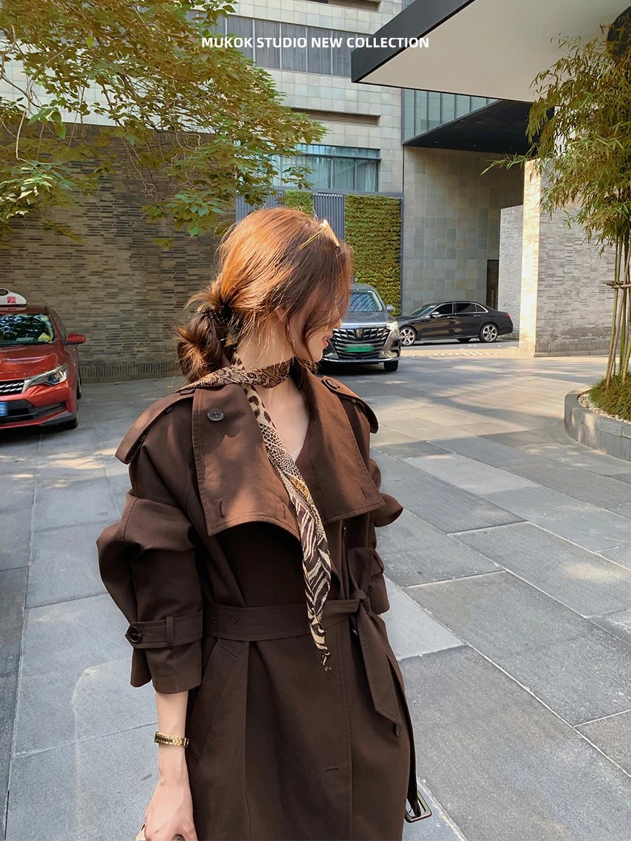 

MUKOK Casual Striped Sve Contrast Color Classic Briti Sle Mid-Length Coat Ele Outerwear Women's Autumn Faion