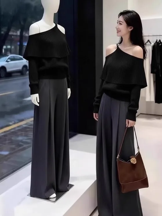 

Потрясающий вязаный свитер Bla на одно плечо, мягкий V-Ne Long Sve, модный осенний OOTD, готовый к работу для девочек