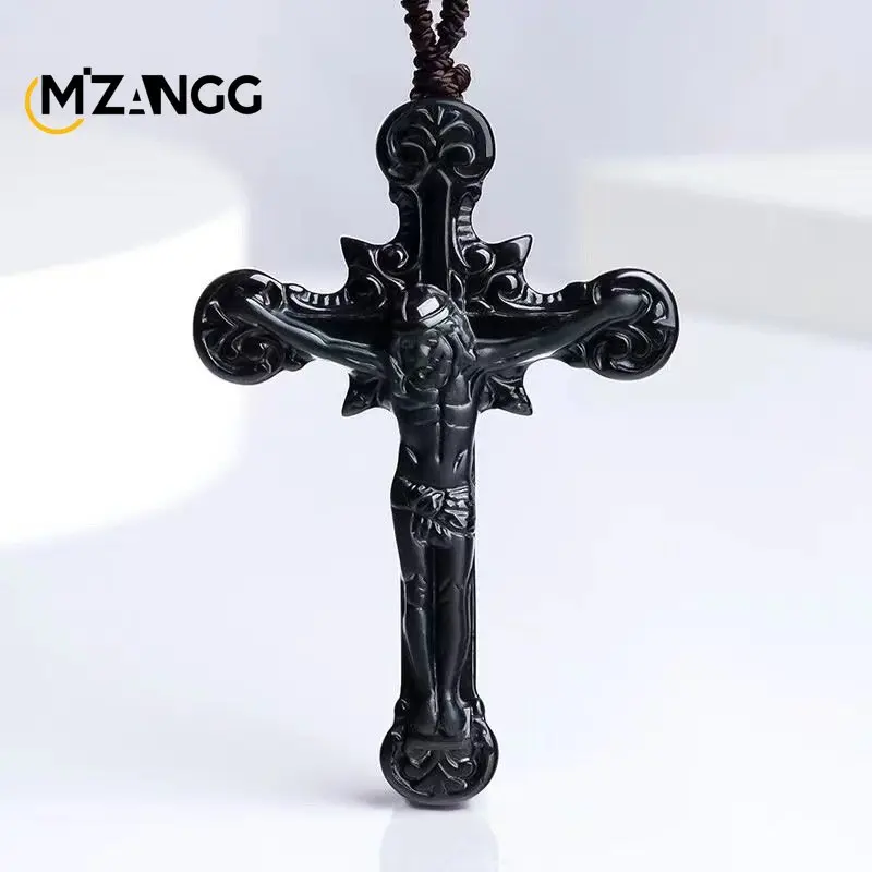 

Natural A-goods Jadeite Ink Jadeite Cross Faith Pendant Hand-carved High-grade Delicate Jade Necklace Men and Women Holiday Gift