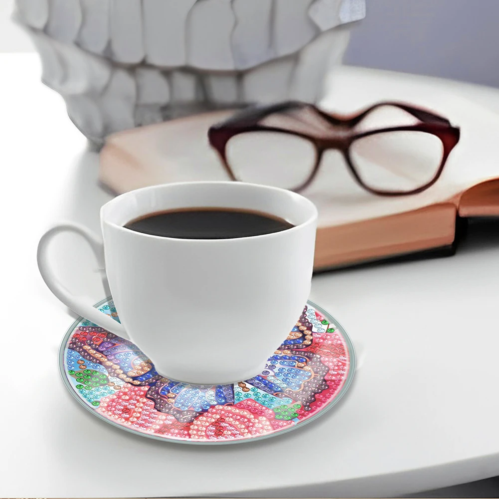 

6PCS Full Drill Diamond Coaster Butterfly Acrylic Diamond Painting DIY Coaster Washable for Coffee Table Bar Mugs Glass Cup Beer