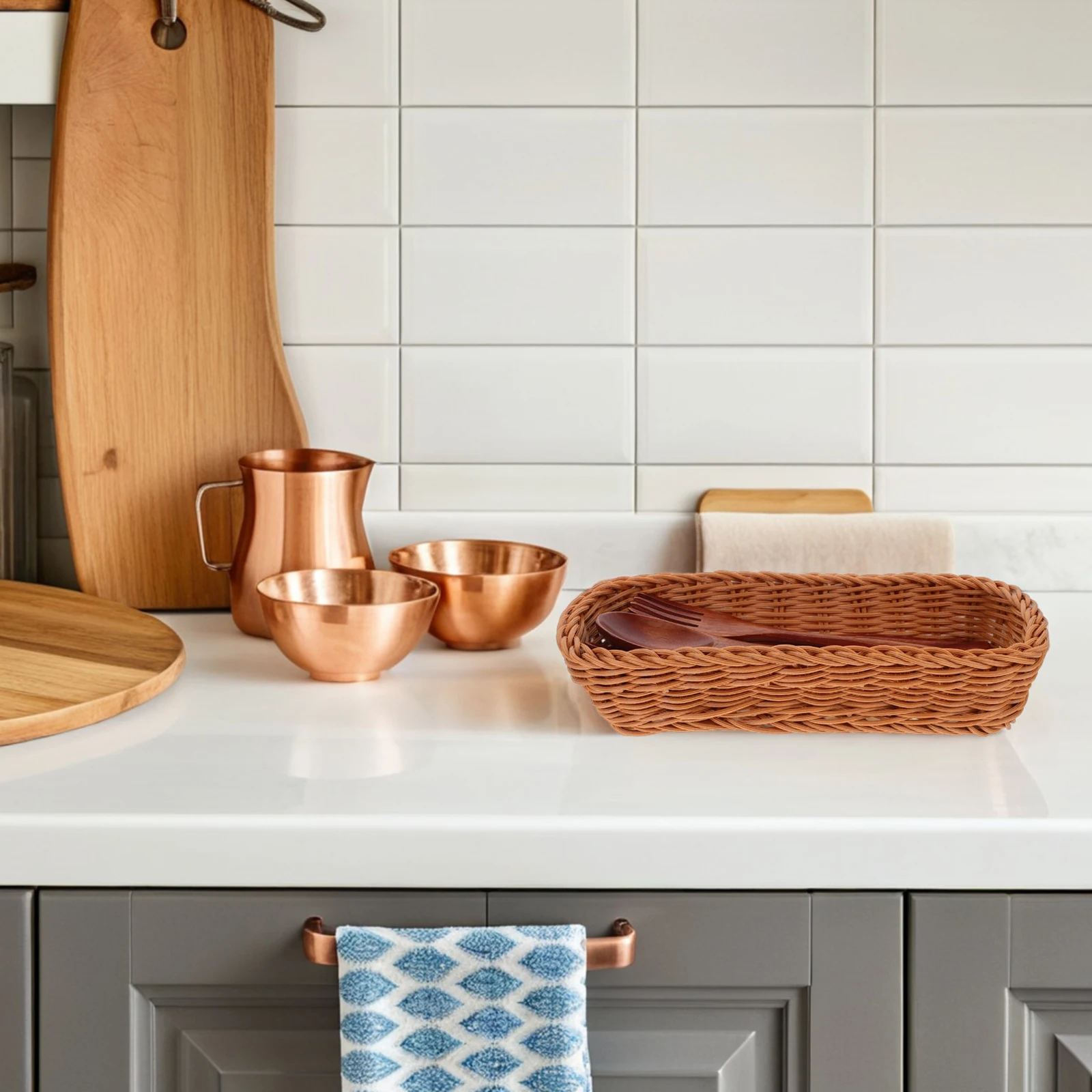 

Knife Fork Storage Basket Woven Plastic Rattan Cutlery Holder Tableware Organizer Space-Saving Kitchen Utensil Container For