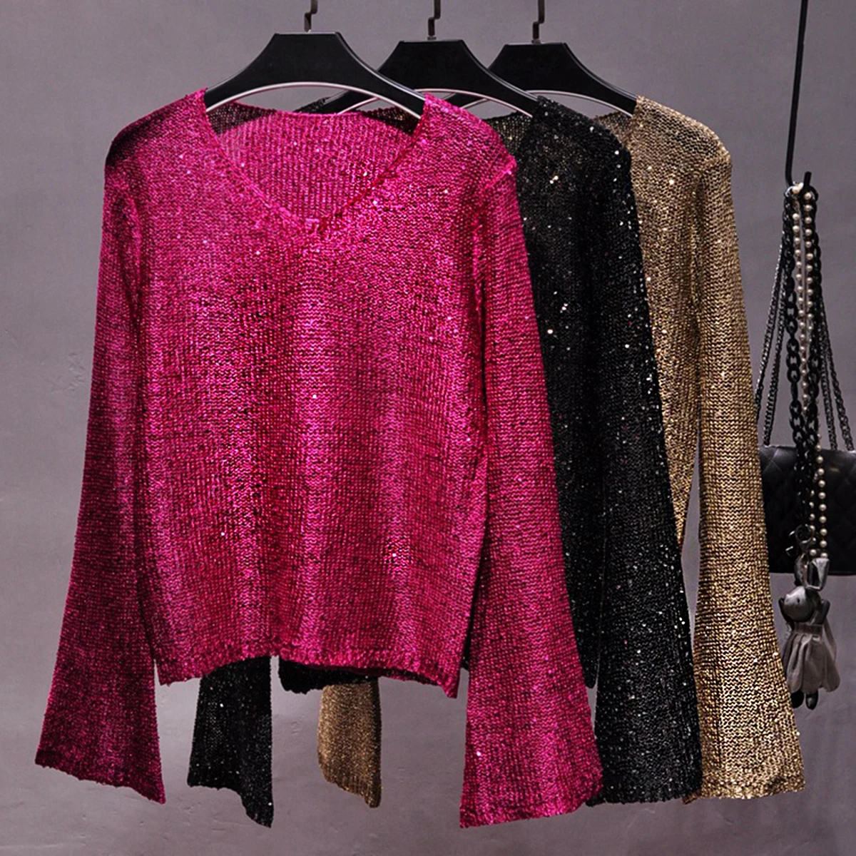 Bright V Neck Blouse Sparkling Elegant Inner Knitted Top Loose Solid Color Long Sleeved Shirt Horn Sleeve Thin Sweater