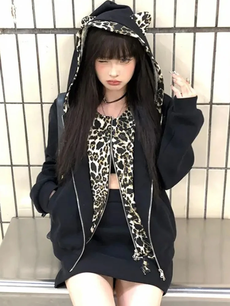 سترة هاراجوكو بطبعة الفهد للسيدات بغطاء للرأس عتيقة ملابس الشارع على الطراز الياباني 2000s سترة جمالية كبيرة الحجم