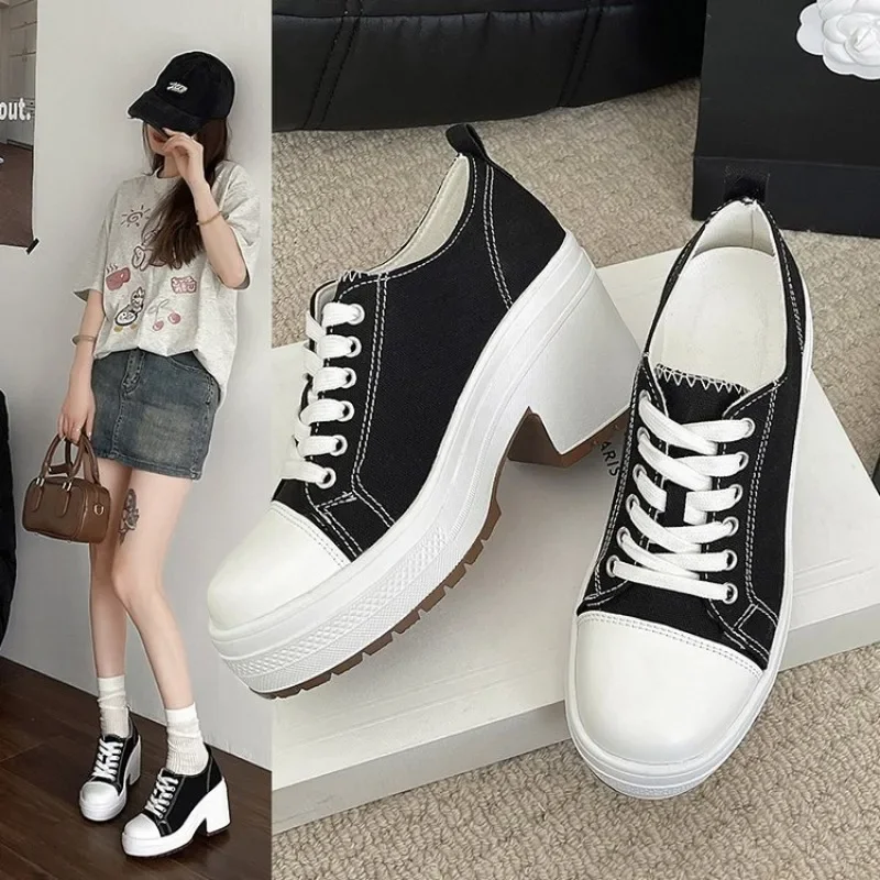 Canvas shoes women 2024 new retro high heels thick heels high top round head thin belt increase thick soled woman black shoes