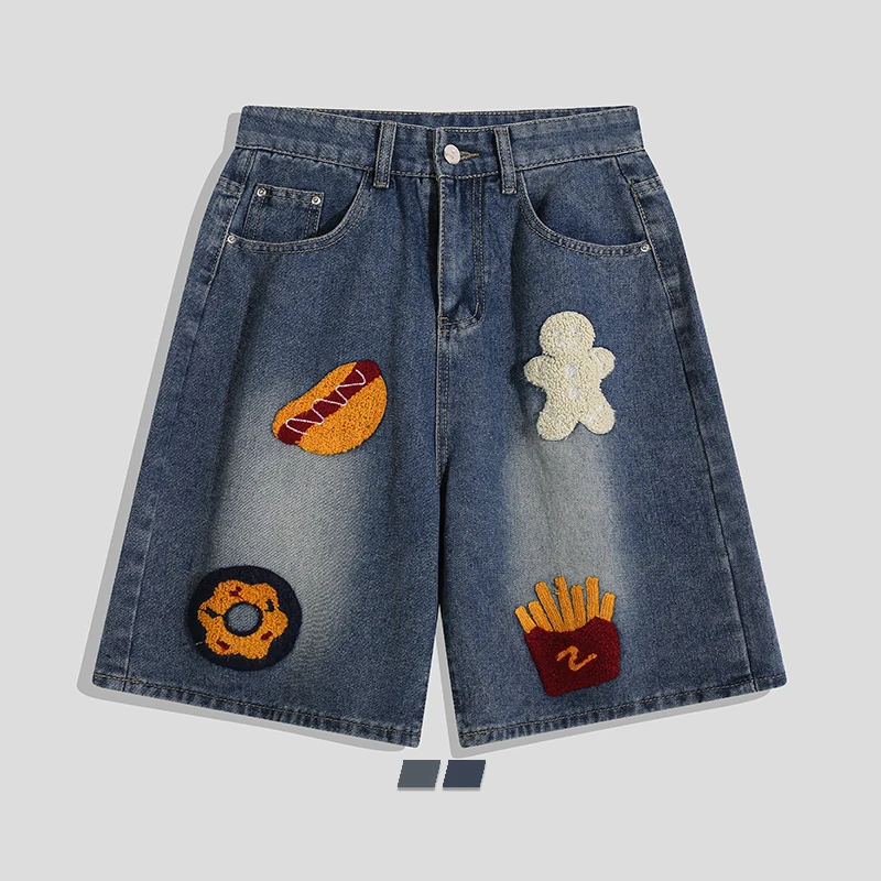 

Cute Towel Embroidered Denim Straight Leg Shorts Men Women Spring Summer High Waist Loose Fit High Street Wide Leg Pants New