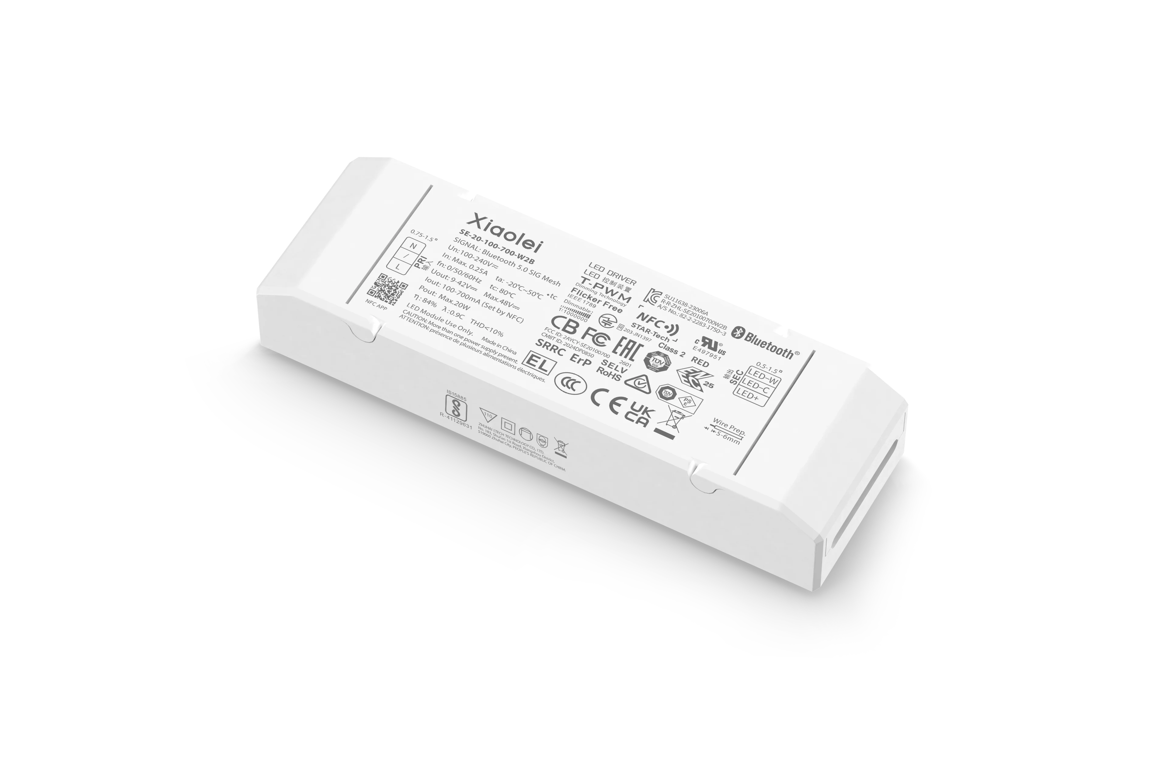 100-240Vac NFC CCT Tunable Constant Current LED Driver, 20W 100-700mA, BT5.0 Mesh, Indoor Downlight SE-20-100-700-W2B