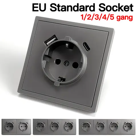 AB Standartı Schuko Duvar Prizi 16A 250V, USB Tip-C Girişleri 80×80mm Modern Duvara Monte Priz, Ev Ofis İçin Büyük PC Kartlı