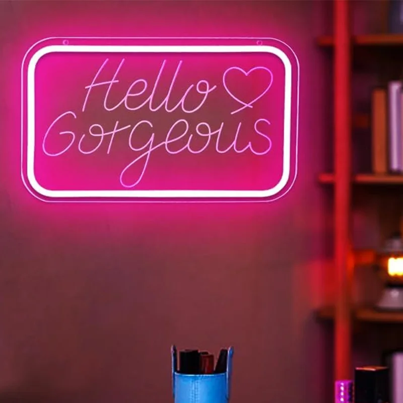 مرحبا رائع النيون لتزيين الحائط مرحبا جميلة LED تضيء تسجيل للفتيات غرفة القلب أضواء ديكور علامات النيون الوردي #3