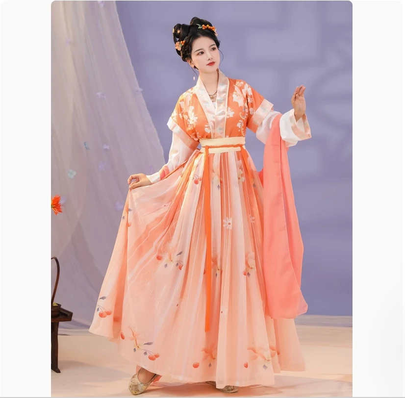 زي Hanfu النسائي القديم على الطراز الصيني، تنورة بطول الخصر ذات الياقة المتقاطعة للارتداء اليومي في الصيف