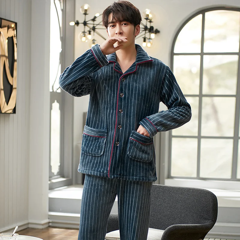 Men's Autumn And Winter Thick Flannel Pajamas Set Long Sleeve Fashion Style Striped Warm Plush Sleepwear Button Cardigan Pijamas