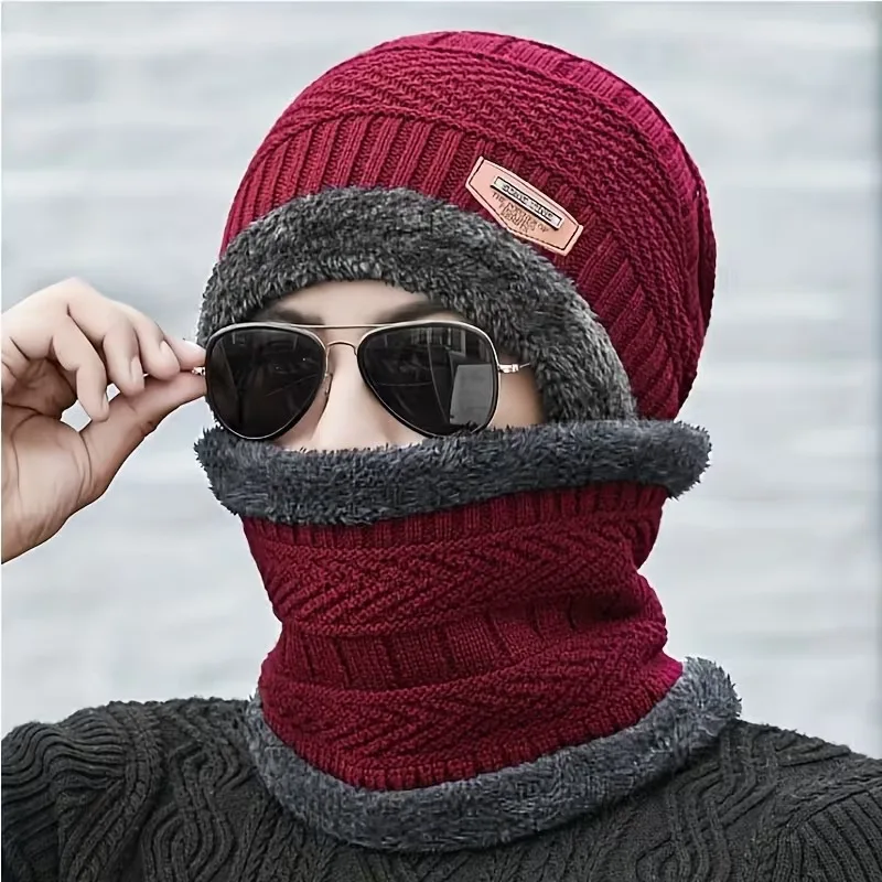 الشتاء الصوف وشاح قبعة سميكة أفخم الدافئة بيني قبعات الصوف متماسكة للرجال والنساء، ركوب الدراجات في الهواء الطلق التزلج قناع الرقبة الحماية الباردة
