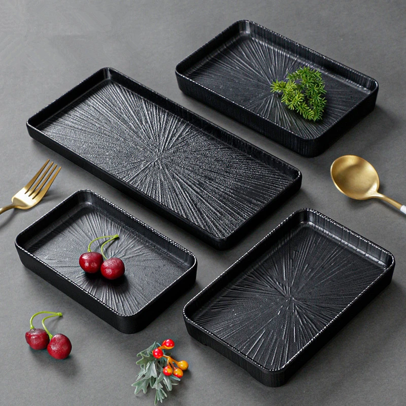 Melamine Black Dinner Plate Thickened Sushi Pans Imitation Porcelain Barbecue Dishes Home Food Serving Tray Household Tableware