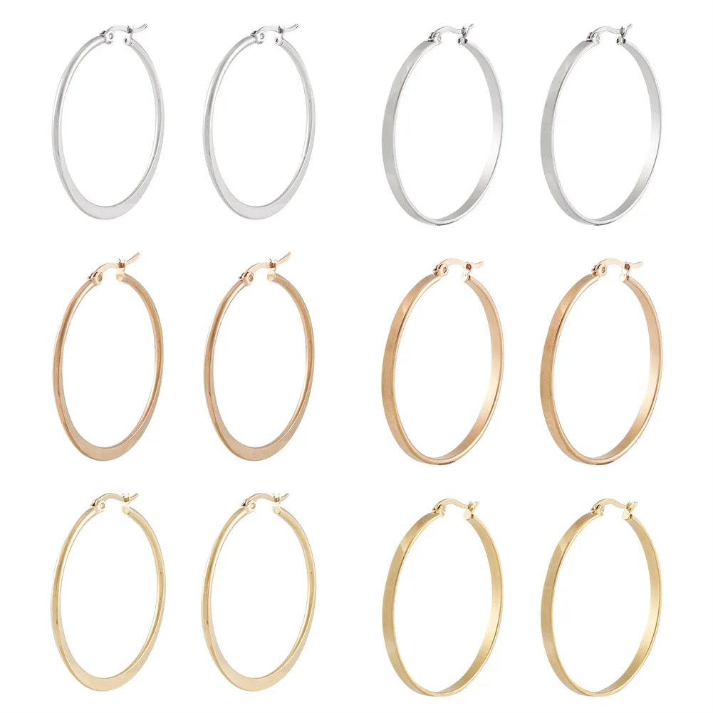 6 Pairs 40mm 304 Titanium Steel Flattened Smooth Big Hoop Earrings Trendy Simple Round Circle Earrings for Women Jewelry