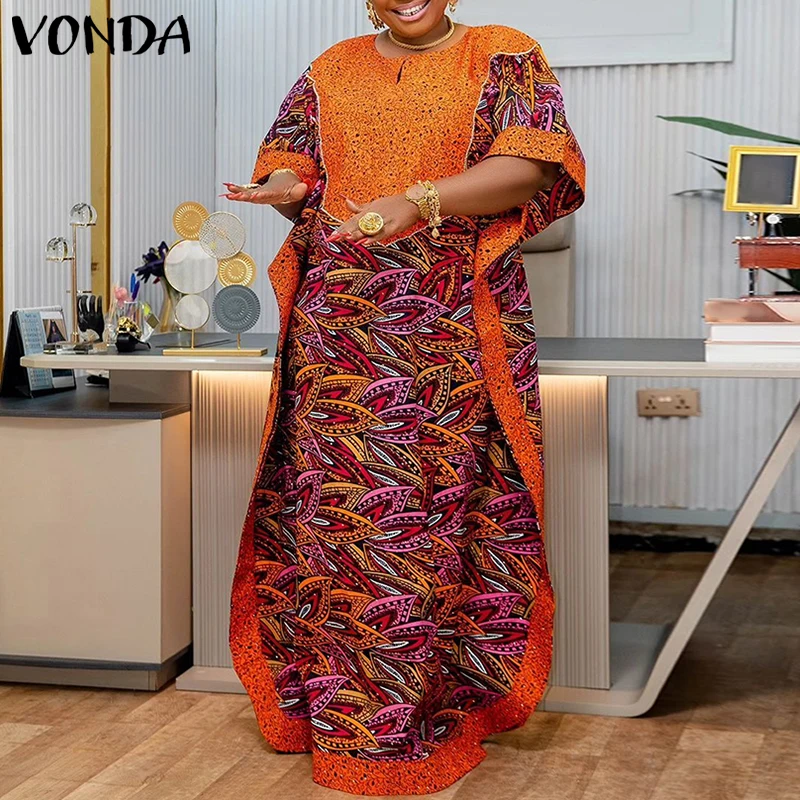 

Plus Size 5XL VONDA Bohemian Printed Maxi Dresses 2026 Summer Women Half Sleeve Casual Loose Long Robe Fashion Holiday Vestidos