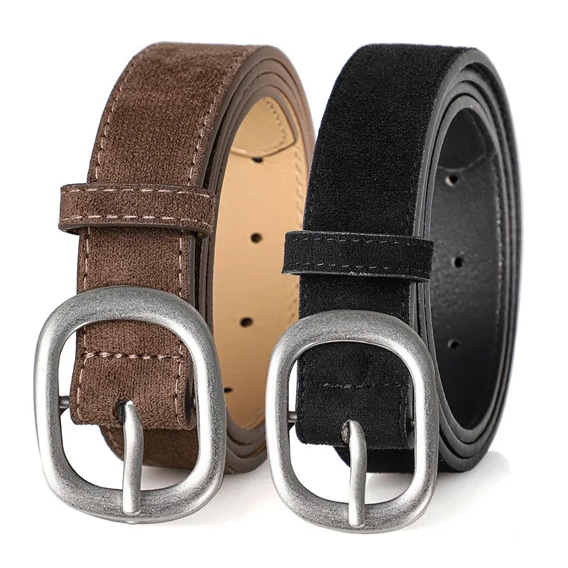 Ladies' belt, imitation suede-like surface, vintage style, aged look, high-end feel, silver alloy buckle, versatile, jeans belt