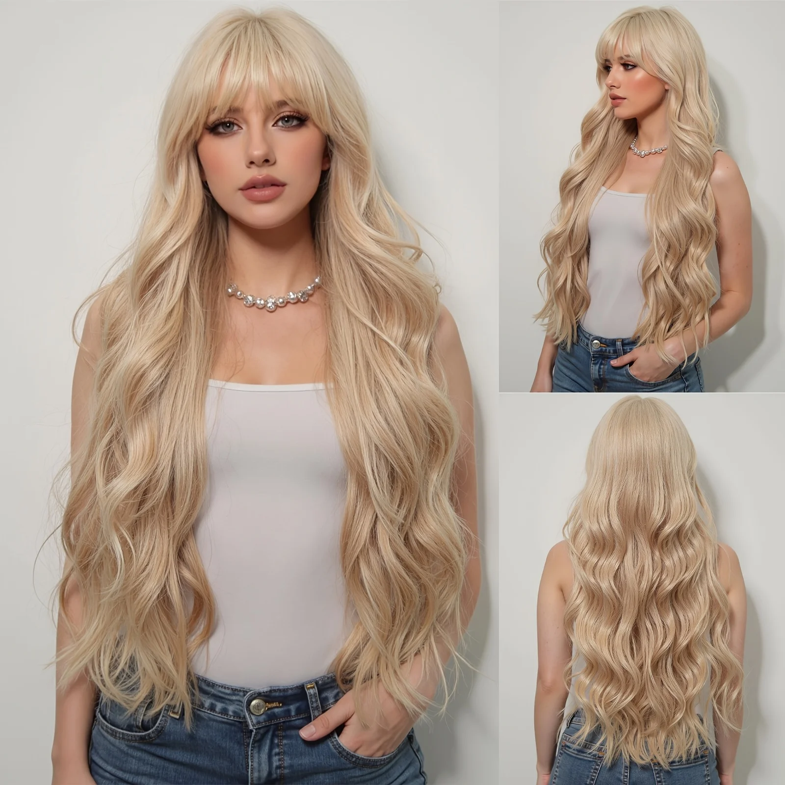 

Fashionable and Elegant Large Head Gold Long Curly Wig with Bangs Synthetic Women's Wig Suitable for Daily Use