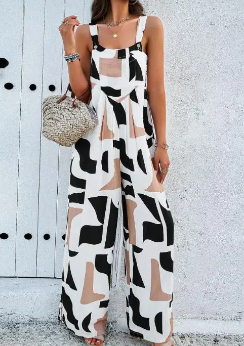 Summer Square Neck Vacation Style Geometric Print Sleeveless Camisole Vest Jumpsuit for Women, High Waist Wide Leg Jumpsuit
