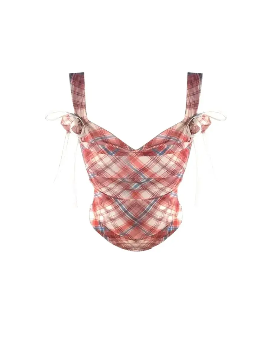 Summer Women Korean Fashion Plaid Mori Girl Camisole Hot Sexy 2000s Aesthetic Coquette Cute Core Vest Gyaru Vintage Kpop Halter