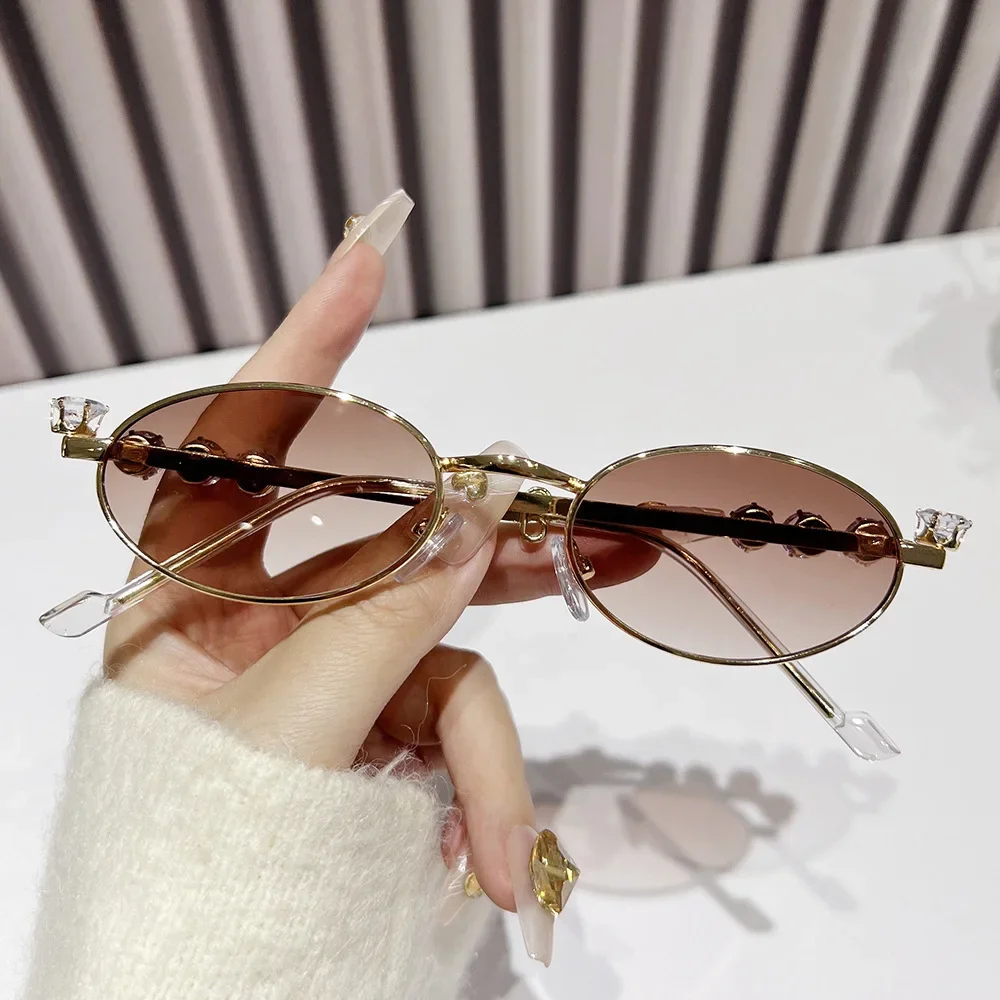 Luxury Diamond Metal Oval Frame Sunglasses for Women Small Frame Oval Sun Glasses UV400 Vintage Outdoor Eyeglasses Goggles image 4