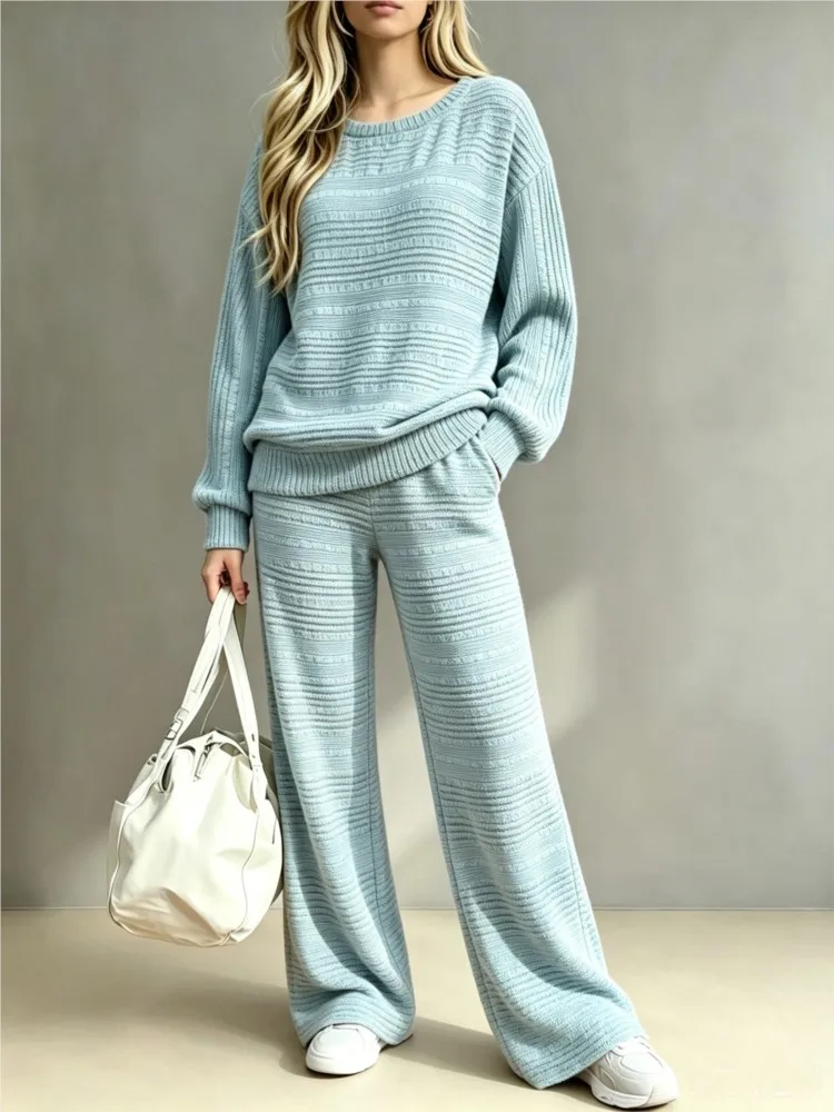 Damen Strick-Set 2-teilig O-Ausschnitt Langarm Strukturierter Strickpullover Top Weite Hose Herbst Winter Casual Loungewear Trainingsanzug