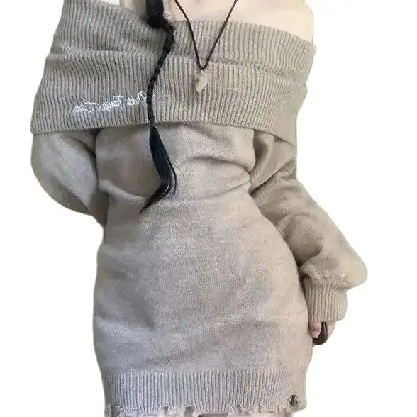 One-Shoulder Advanced Knitwear With Embroidery Autumn Winter Sweater Women Sexy Fashion Embroidery Strap Knitted Pullovers