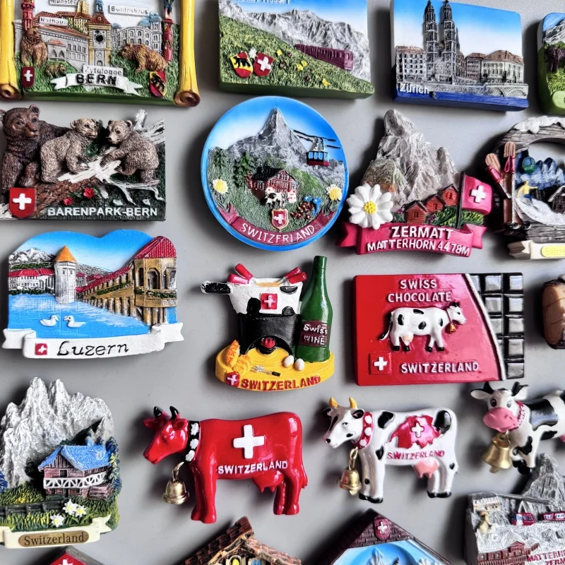 مغناطيس الثلاجة في سويسرا بيرن زيورخ زيرمارت لوزيرن بقرة الألبان السويسرية Jungfraujk ساعة الوقواق مجموعة ديكور المنزل