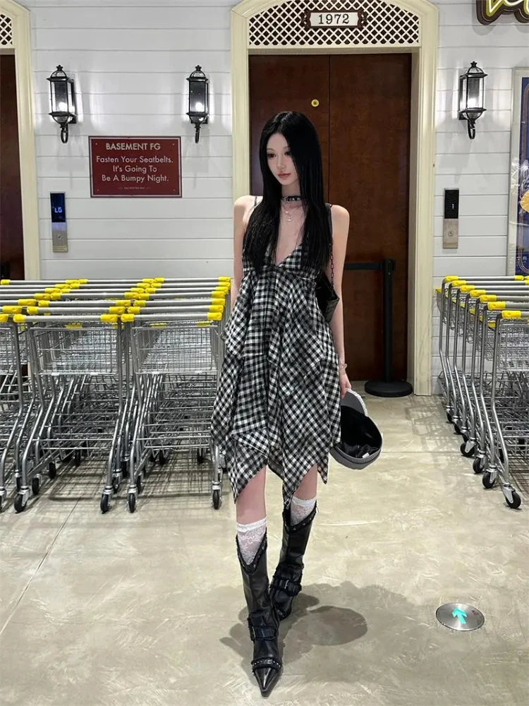 Picante meninas retro irregular dupla camada xadrez cinta vestido verão temperamento sem mangas a linha festa mini vestidos