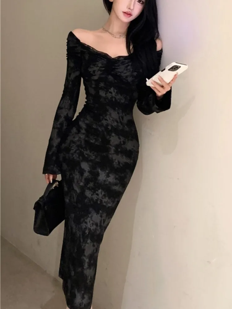 Autumn Sexy Bodycon Party Dress for Women Elegant Flare Long Sleeve Pleated Midi Dresses Off Shoulder Evening Prom Vestidos New