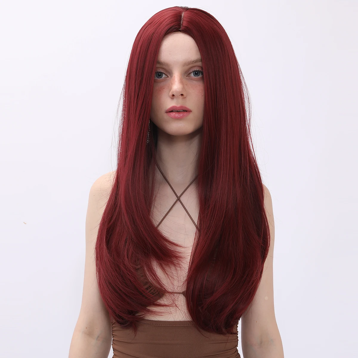 Smilco 26 inch wine red curly hair paired with natural split party women's synthetic wig