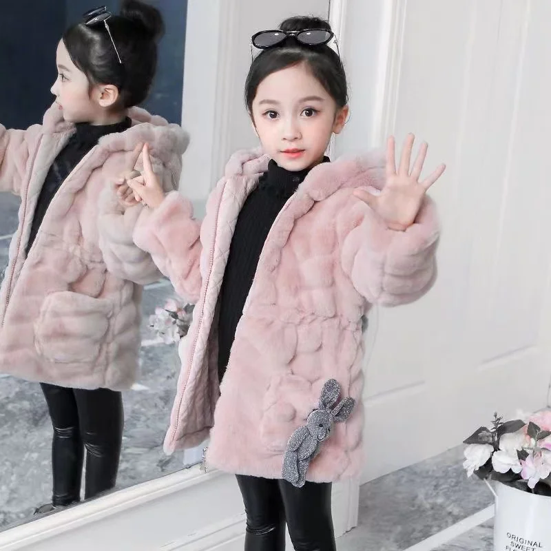 Girls Winter Fur Coat Cartoon Pattern Coat For Girl Thick Warm Hoodies Outerwear For Kids Teenage Kids Clothing 6 7 8 10 12 14