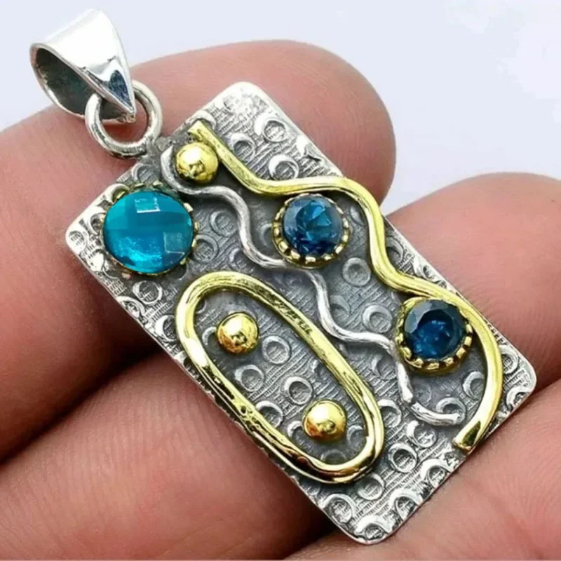 Fashionable Product Geometric Pendant Necklace Bohemian Style Austrian Blue Crystal Stainless Steel Men's Necklace Accessories