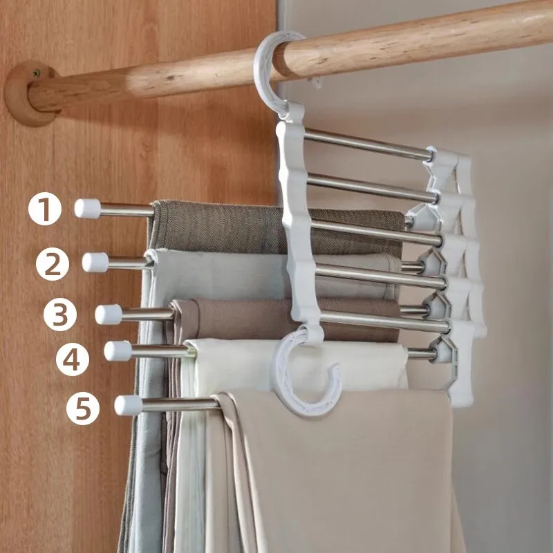 

5ln1 Magic Trouser Rack Hangers Stainless SteeFolding Pant Rack Tie Hanger Shelves BedroomCloset Organizer Wardrobe Storage