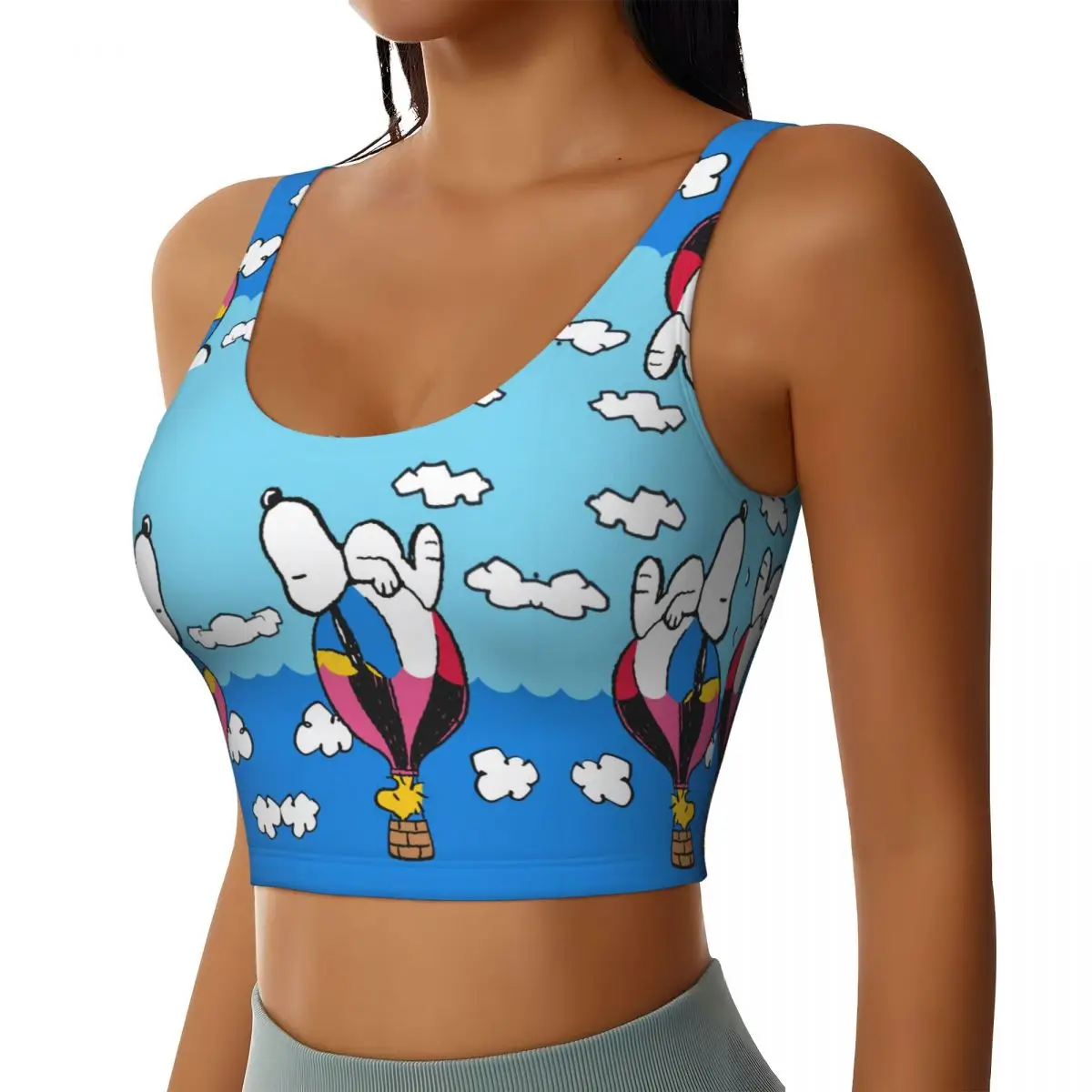 Custom Women's Snoopy Woodstock Hot Air Balloon Sports Bras Cartoon Comic Dog High Impact Gym Workout Yoga Crop Tank Tops