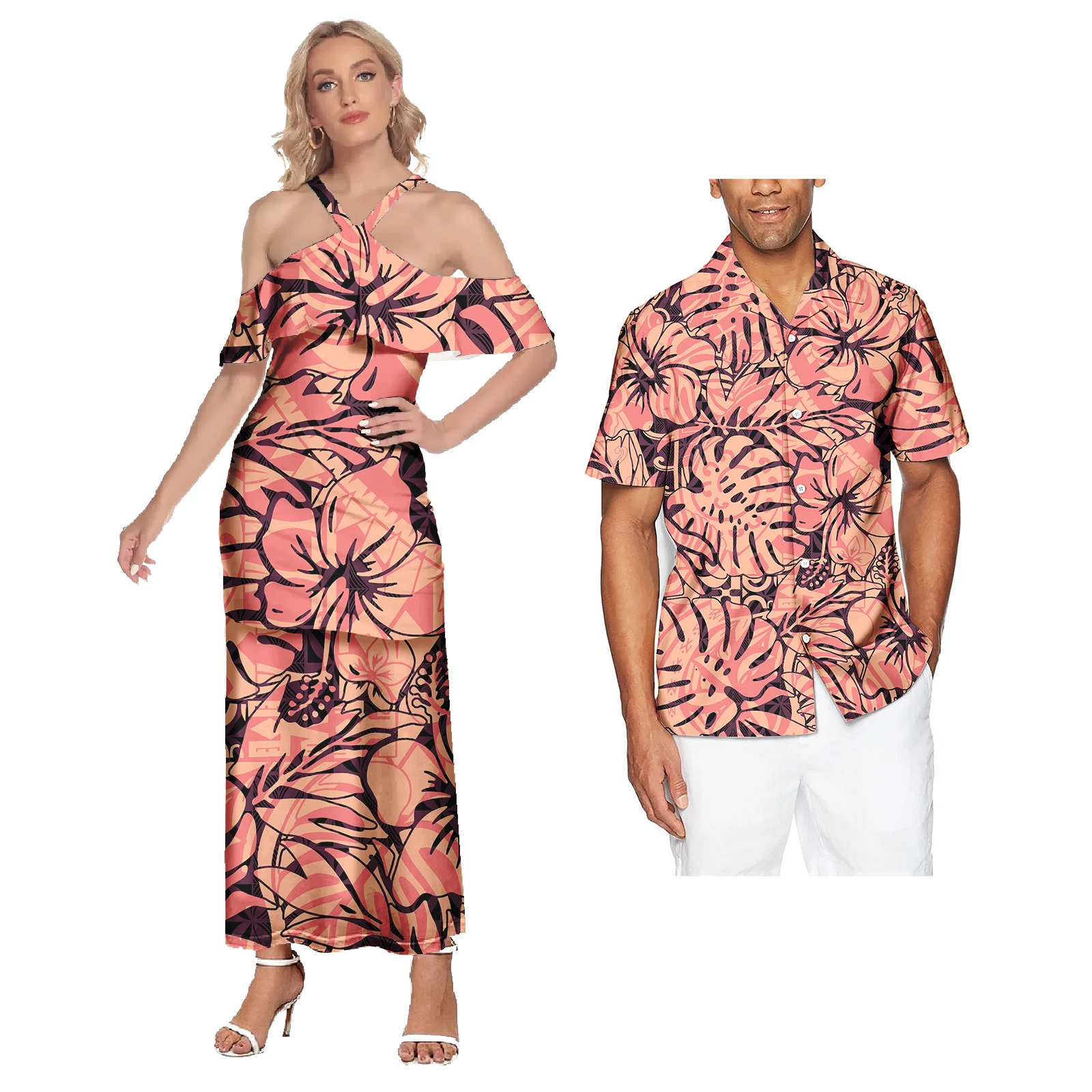 Polynesian Hawaiian Samoan Tropical Floral Couples Tribal Print Dress Mens Shirt Matching Set plus size couple clothing